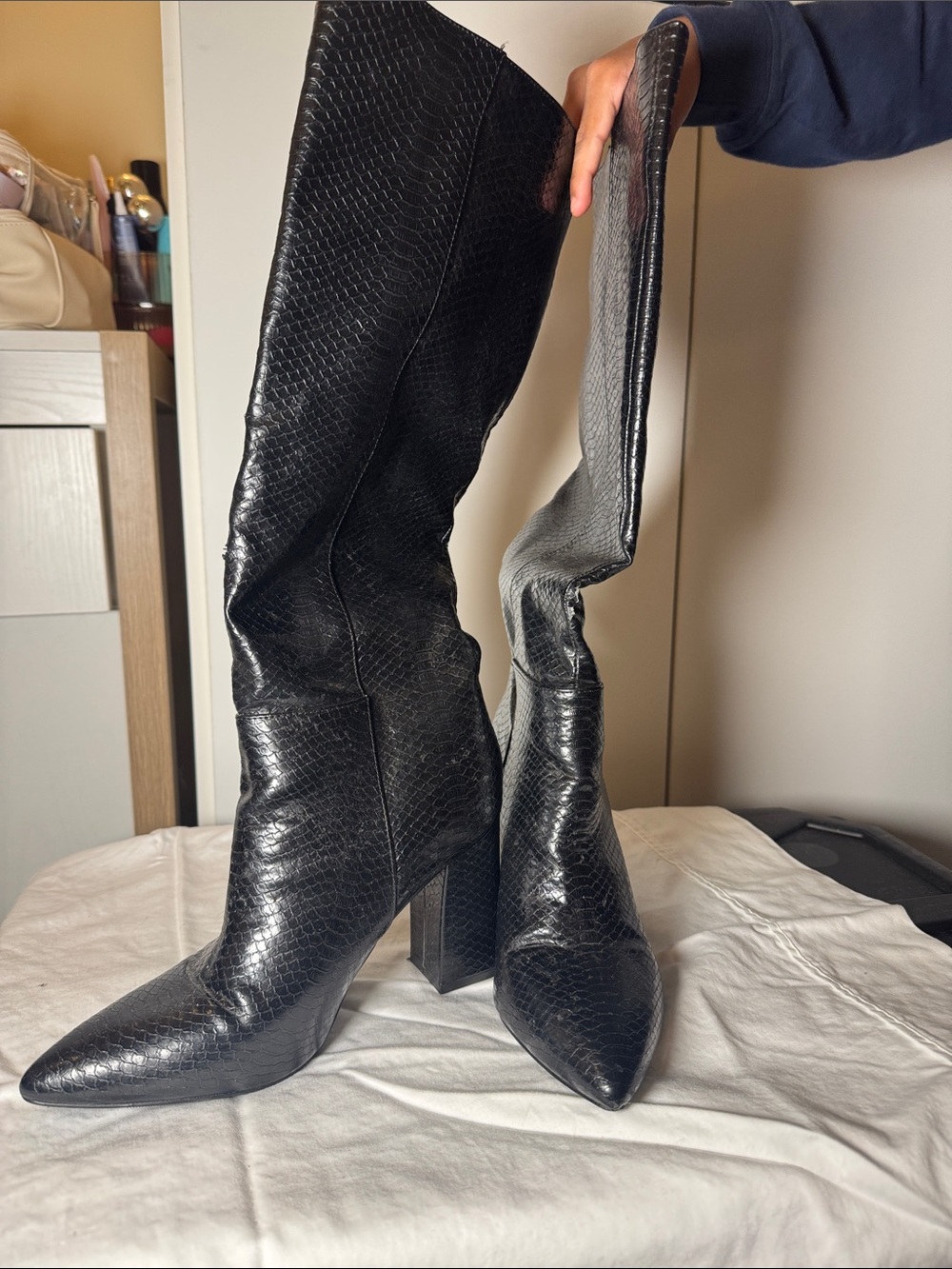 Steve Madden Black Faux-Snakeskin Over-the-Knee Pointed Toe Block Heel Boots